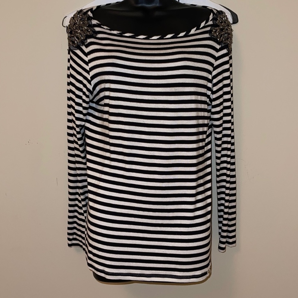 Striped top with beaded sleeves